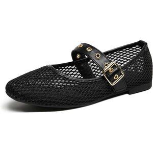 Women Mesh Black Polyurethane (PU) Closed Toe Strap Buckle Ballerina Flats